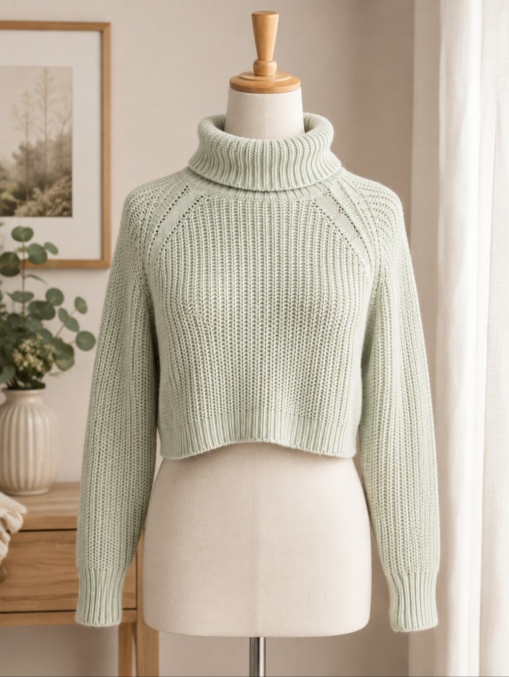 Mint Green Cropped Turtle Neck Sweater, Size Small